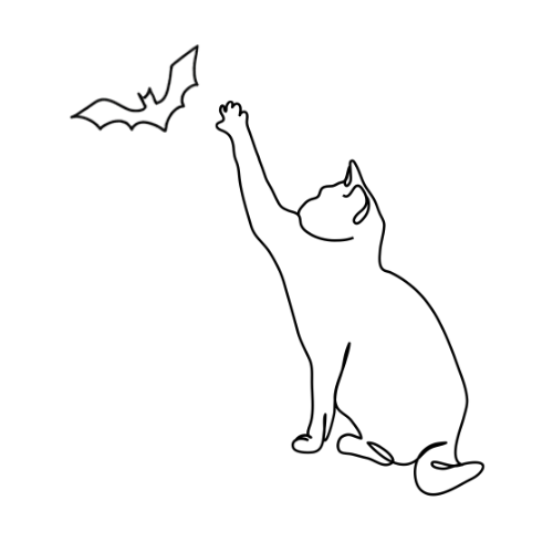 Illustration of a cat and a bat.